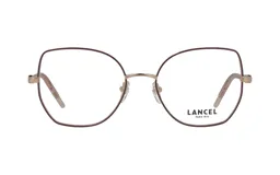 Armazón para lentes de metal color borgoña y dorado, con forma geométrica y patillas finas. Marca Lancel, modelo 90025 col 2.