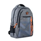 Mochila Umbro modelo Orbum, color azul con textura jaspeada. Presenta un diseño con estampa geométrica y el logo de la marca en la parte frontal, múltiples compartimentos con cierre y tiradores personalizados.