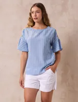 Blusa de mangas cortas amplias con aplique de botones en los hombros. Diseño a rayas verticales celestes y blancas.
