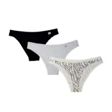 Pack de tres bombachas tipo bikini de tiro bajo. Incluye una negra lisa, una blanca lisa y una blanca con estampado de cebra en gris.