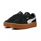 Championes Puma modelo Palermo Elevata, de color negro con detalles en blanco y suela de plataforma color caramelo. Confeccionados en gamuza con el logo de la marca en dorado.
