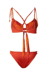 Conjunto de bikini de dos piezas color naranja con estampado botánico en tonos rojizos. El corpiño cuenta con aros, fruncidos en las copas y tirantes cruzados en la espalda. La bombacha es de corte clásico con tiras dobles en los laterales.