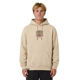 Canguro Rivvia de color beige con capucha ajustable por cordones, bolsillo frontal tipo canguro y un estampado bordado en el pecho con formas ovaladas multicolor.