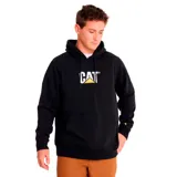 Buzo canguro negro con capucha ajustable y bolsillo frontal. Logo CAT blanco y amarillo estampado en el pecho.