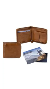 Billetera negra de símil cuero con cierre perimetral, doble compartimento para billetes, tarjetero integrado y bolsillo interno para monedas.