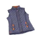 Chaleco acolchado color rojo, con cuello mao, cierre frontal y bolsillos laterales con solapa y broche.