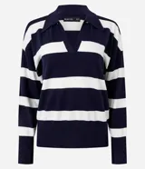 Suéter de punto de la marca Blue Steel, con diseño a rayas horizontales en color azul marino y blanco. Cuenta con cuello tipo polo, escote en V y mangas largas con puños y ruedo acanalados.