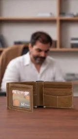 Billetera de cuero marrón claro con costuras blancas, bolsillo oculto frontal, interior con volante y visor, doble compartimento para billetes y múltiples tarjeteros.