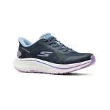 Championes deportivos Skechers Hands Free Slip-ins: GO RUN Consistent 2.0 - Captiva, color azul marino con detalles en celeste y lila. Capellada de malla atlética con cordones elásticos, plantilla Skechers Air-Cooled Memory Foam y tecnología M-Strike. Diseño slip-on con Heel Pillow.