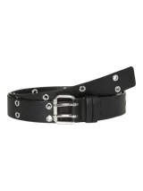 Cinturón negro de diseño clásico con doble hilera de ojales metálicos y hebilla de doble púa plateada. Confeccionado en material sintético con acabado liso.