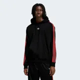 Hoodie Adidas Originals de corte holgado, color negro, con capucha y cordones ajustables. Presenta el logo del trébol bordado en el pecho y bandas laterales en las mangas con rayas rojas y blancas.