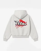 Hoodie gris jaspeado con capucha, de corte holgado y diseño estampado en la espalda que incluye un tigre rojo y la inscripción 'Ittai Company'.