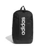 Mochila Adidas Linear color negro con logo estampado en blanco en el frente. Cuenta con compartimento principal con cierre, bolsillo frontal, bolsillos laterales de malla y compartimento interno para laptop. Posee correas acolchadas ajustables y asa superior.