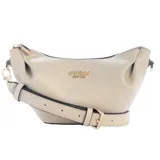 Bolso de hombro Guess modelo Amorette, color beige claro (marfil/taupe), con diseño plisado y textura de cuero sintético. Presenta herrajes y logo frontal en tono dorado. Incluye correa ajustable y removible para llevar al hombro o cruzada.