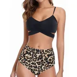 Conjunto de bikini de dos piezas de la marca Uniteduy, compuesto por un crop top amarillo liso con diseño cruzado y tirantes finos, y una bombacha de tiro alto con estampado floral y de hojas en tonos amarillos, verdes y blancos.