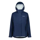 Campera impermeable Merrell modelo Fallon, color azul marino, con capucha ajustable, cierre frontal con solapa de botones a presión, bolsillos laterales con cierre y puños ajustables con velcro.