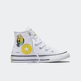 Championes Converse Chuck Taylor All Star de lona blanca con diseño de Minions, con parche de All Star amarillo y detalles inspirados en los personajes.