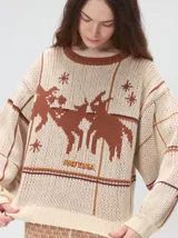Sweater de punto con diseño gráfico deconstruido de toros en la parte frontal y patrón geométrico. Presenta cuello redondo, mangas holgadas y un ajuste holgado.