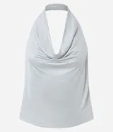 Top de mujer color azul marino con efecto satinado, diseño de cuello halter y escote drapeado (escote degagê o cuello boba).