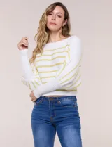 Buzo de punto acanalado blanco con rayas horizontales amarillas, escote bote y mangas largas abullonadas con puños ajustados.
