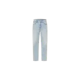 Jeans Calvin Klein de corte regular fit y tiro medio, en color celeste claro con efecto desteñido. Confeccionados en denim de algodón, presentan diseño clásico de cinco bolsillos, trabillas para cinturón y cierre frontal con botón y cremallera.