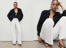 Jeans blancos de tiro alto con diseño acampanado y bajo deshilachado, con cierre de cremallera y botón, trabillas para cinturón y bolsillos traseros.
