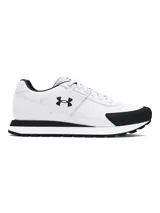 Championes Under Armour modelo Essential Runner, de diseño retro en color blanco con detalles en negro. Presentan una parte superior de nailon transpirable con revestimientos de gamuza, plantilla de espuma de lujo y entresuela de EVA para mayor amortiguación.