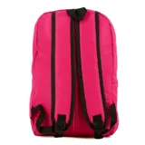 Mochila de color fucsia con textura de panal de abeja y ribetes negros. Posee un bolsillo frontal con cierre y una etiqueta de marca con un canguro.