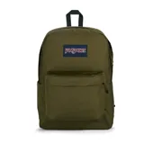 Mochila Jansport color verde militar con logo de la marca en azul y bolsillo frontal con cierre.