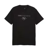 Remera Puma Class Graphic Tee de color negro, confeccionada en algodón, con cuello redondo y mangas cortas. Presenta un estampado gráfico frontal con el logotipo de la marca y la inscripción "Puma Sportswear".