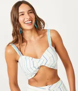 Blusa musculosa cropped de algodón con tirantes elásticos, busto torcido, espalda de lastex e hilo teñido con rayas a contraste.