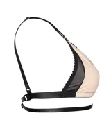 Sostén triangular sin aro ni relleno, combinado en color nude y negro, con detalles de malla transparente y tiras elásticas decorativas en la base.