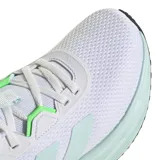 Championes de running Adidas Galaxy 7 para mujer, color blanco con detalles en verde menta y verde neón. Presentan un upper de malla textil transpirable, cierre de cordones, mediasuela Cloudfoam para amortiguación y suela de TPU.