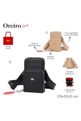Porta celular Las Oreiro color negro, con textura granulada, cierre de cremallera y un aplique metálico en forma de labios en la parte frontal. Incluye una correa de tela ajustable con el logo de la marca y un llavero colgante rojo y rosa.