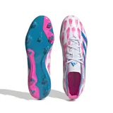 Championes de fútbol Adidas Predator League, color blanco con detalles en rosa y azul.
