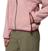 Campera polar de mujer con cierre frontal completo, cuello alto y bolsillos laterales con cierre. Presenta un diseño en bloques de color rosa y bordó, con logo de la marca bordado en el pecho.