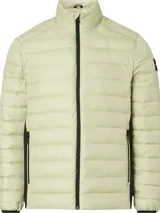 Campera puffer color verde claro, con cierre frontal, cuello alto y bolsillos laterales con cierre.