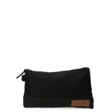 Necessaire de tela color negro con cierre superior y etiqueta de cuero sintético con logo de la marca en la parte inferior.