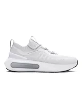 Championes de running Under Armour modelo Phantom 4, color blanco con detalles en gris claro. Presentan un diseño de tejido de punto tipo calcetín, contrafuerte de TPU en el talón y suela con tecnología de amortiguación UA HOVR+.