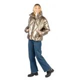 Campera puffer color bronce con cuello alto, cierre frontal negro, bolsillos laterales y elástico interno en la cintura.