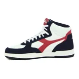 Championes de caña alta Diadora T3 Raptor High Sl, color blanco, azul marino y rojo. Confeccionados en cuero sintético y gamuza, con cordones blancos y suela de goma. Logo de la marca en el lateral y en la lengüeta.