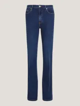 Pantalón de jean azul oscuro, de corte bootcut y tiro alto.