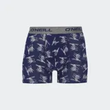 Calzoncillos tipo bóxer de la marca O'Neill, color azul marino con estampado de logotipos y gráficos en color blanco. Presenta una cintura elástica ancha en color gris con el nombre de la marca en azul.