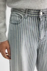 Pantalón jean de tiro medio y corte holgado con pernera ancha, diseño a rayas verticales celestes y blancas, confeccionado en algodón rígido.