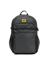 Mochila urbana Cat color gris, con compartimento principal amplio, bolsillo frontal con cierre, correas de compresión laterales, bolsillos laterales de malla y logo de la marca en parche amarillo.