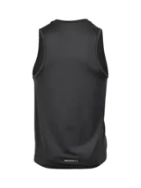 Musculosa deportiva negra de poliéster reciclado y spandex, con cuello redondo y logo Merrell vertical en el frente.