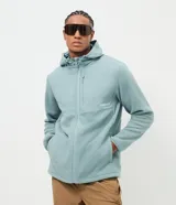 Campera de fleece color verde agua con capucha y cierre frontal completo. Cuenta con recortes en tejido plano en el pecho, un bolsillo vertical con cierre en el lado izquierdo y bolsillos laterales.