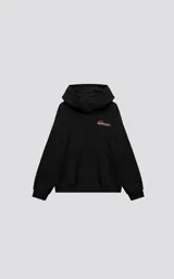 Hoodie negro de calce oversize crop, confeccionado en frisa de algodón con capucha forrada y bolsillo canguro. Presenta un bordado en 3D en tono rojo y blanco con la inscripción "Art Support" en el pecho.