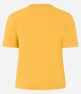 Blusa básica ajustada en rib de algodón, de manga corta y cuello redondo, color mostaza.