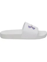 Sandalias Under Armour de mujer, modelo W Armour Slide, en color blanco con el logo de la marca en un tono tornasolado morado. Cuentan con correa sintética con forro de espuma y plantilla anatómica.